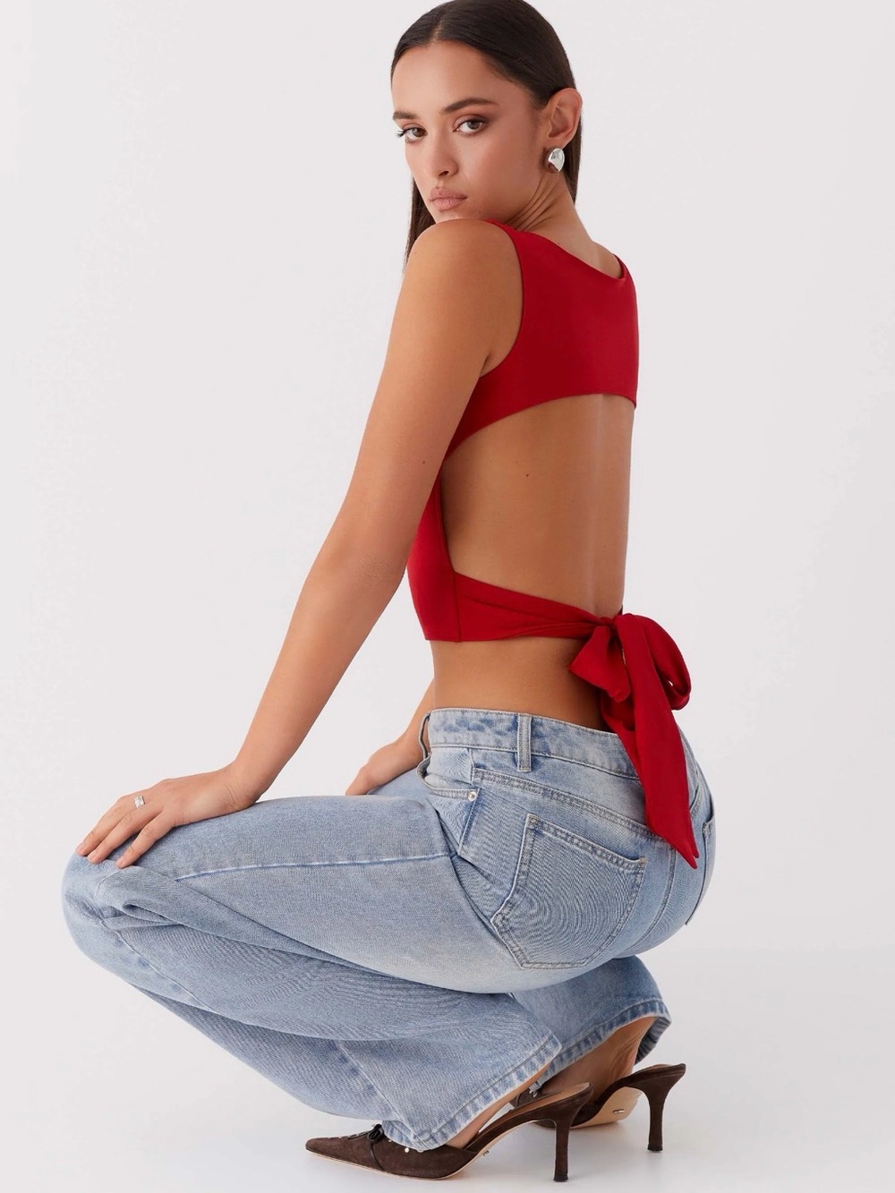 Open-Back Red Tie Crop Top - Women